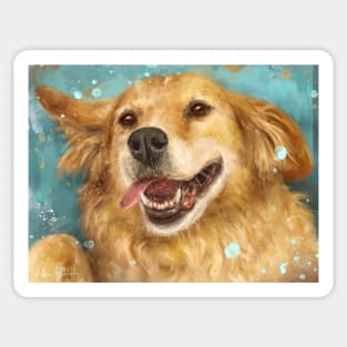 Painting of a Blond Golden Retriever Smiling on Light Blue Background Sticker